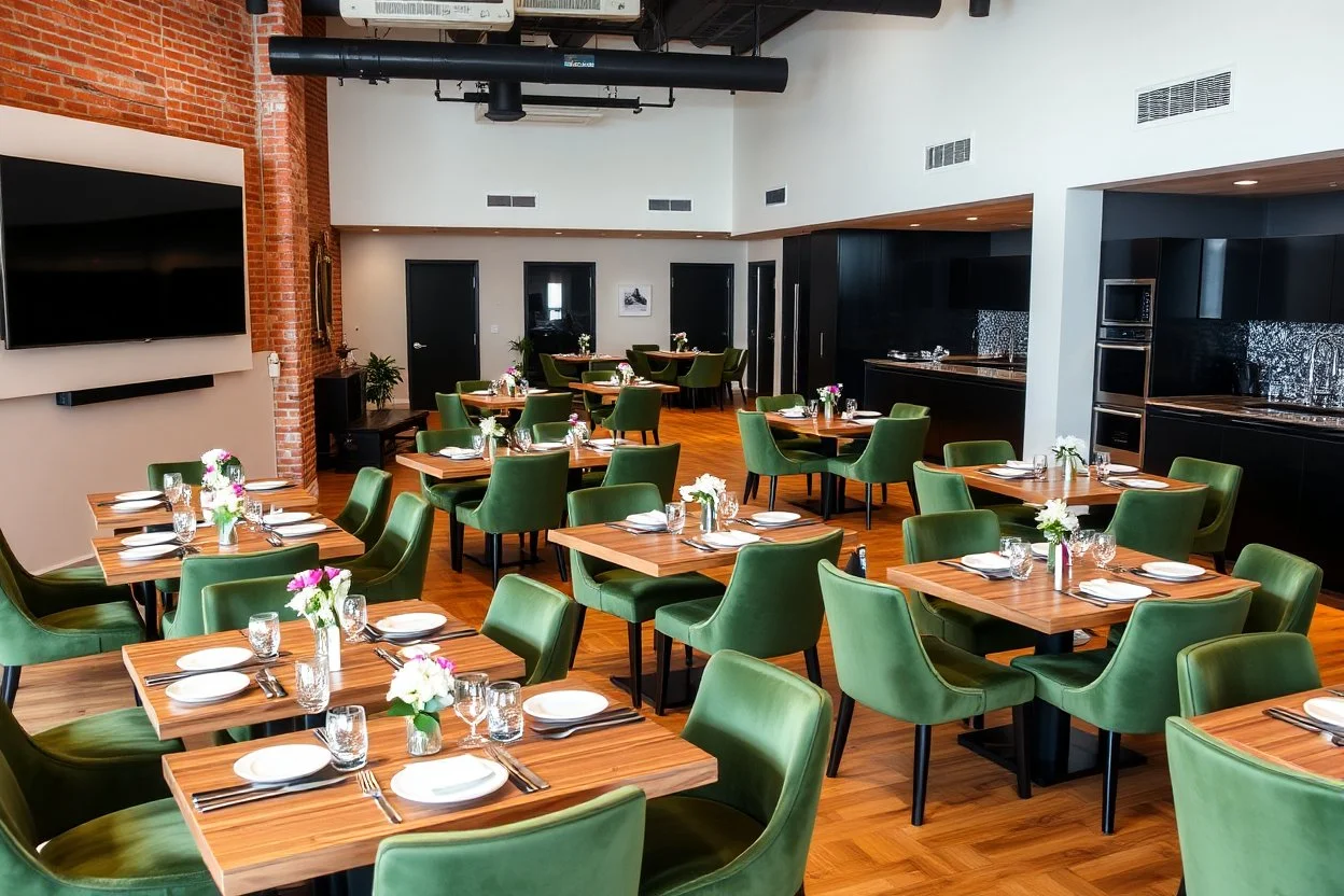 4k Image depicts a modern, spacious dining area with a contemporary style. The layout features several rectangular tables arranged in rows, each set with green velvet chairs. The tables are elegantly set with plates, cutlery, and small floral centerpieces. The room has a warm ambiance, highlighted by wooden flooring and exposed brick walls. On one side, a large flat-screen television is mounted on a white wall panel. The opposite side showcases a sleek, black kitchen area with built-in appliance