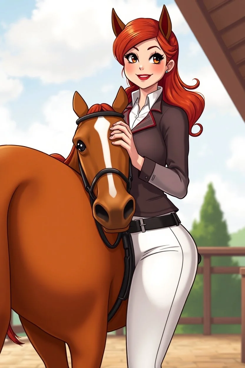 In a realistic, non-anime, cartoon style like: body shot of 40-year old chubby redhead with thick red lips and smoky eyes with long lashes who looks a lot like Jewel DeNyle. She is wearing equestrian attire with tight white pants.