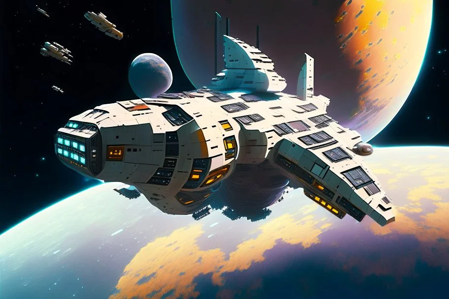 Spaceship, Over Planet, Modern Spaceship, Blocky, distant Space station, mothership,