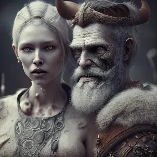 old viking with his zombie wife, scary, steam punk, realistic, made in octane, cinematic, ultra-realistic, extremely detailed octane rendering, 8K, VRAY Super Real ar 2:3, dof photorealistic futuristic 50mm lens hard lighting dark gray tintype photograph, realistic lighting, sepia color