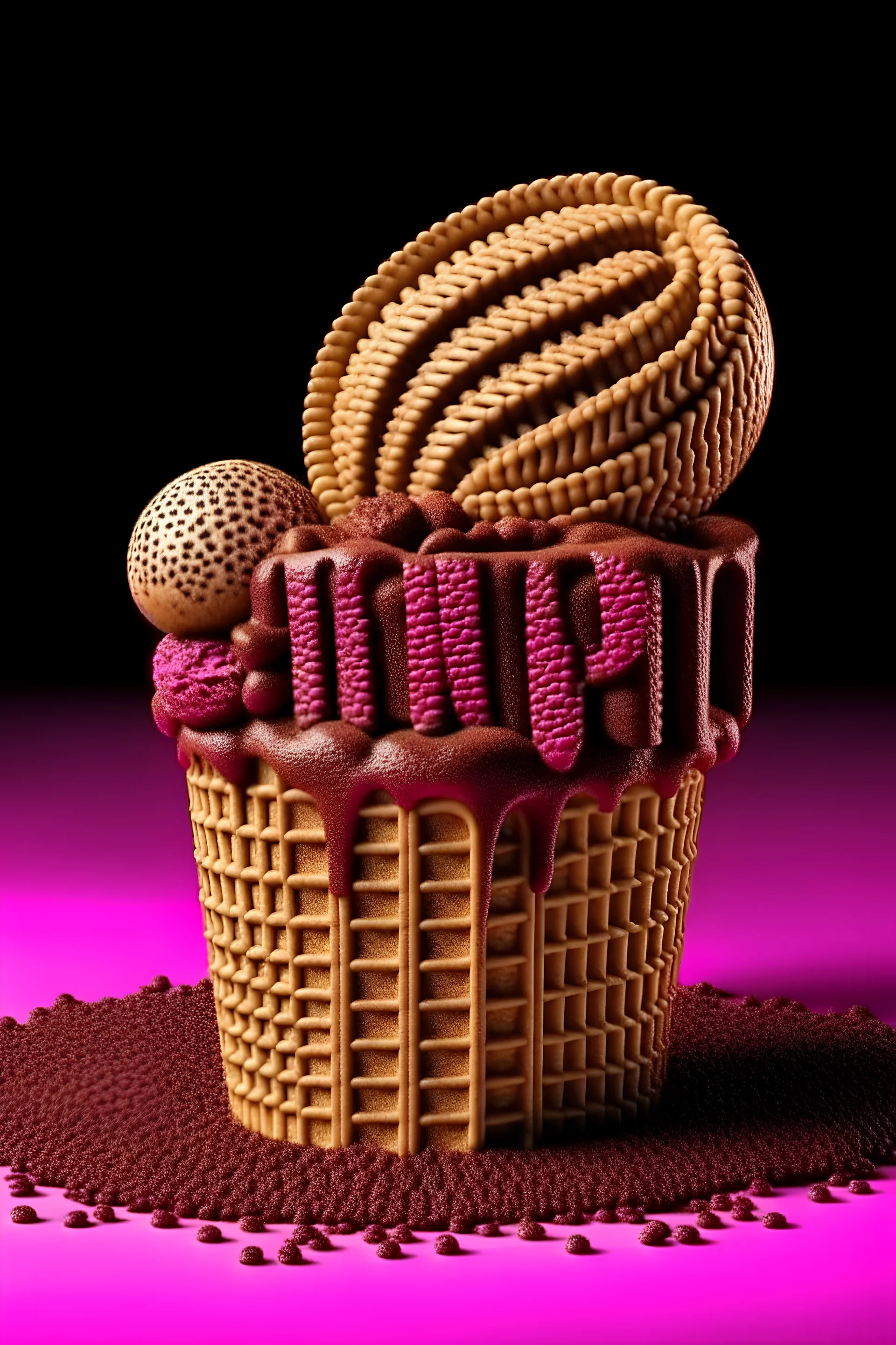 Text ‘icecream’ created of icecream ingredient chocolate ice cream with piece of chocolate spread, 3d render, cinematic, full of texture, poster, 4k, typography, fashion