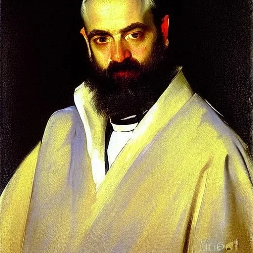 Priest, portrait, painted bye John Singer Sargent, painterly, highly detailed, close up