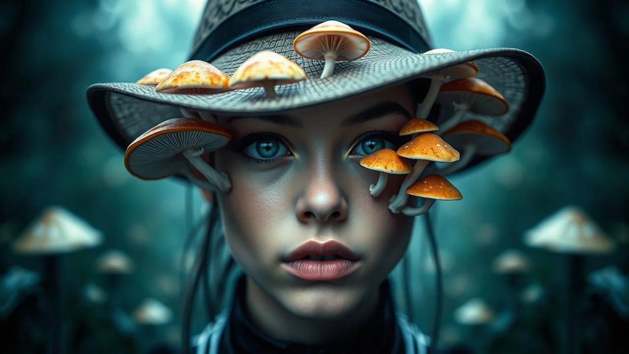 a close up of a person wearing a hat, natalie shau, a teen biopunk cyborg, andrei riabovitchev symmetrical, coherent eye, mushrooms grow from the body, inspired by Mykola Burachek, photo of a woman, irreverent characters, stylised comic art, metaverse, watcher, shot with Sony Alpha a9 Il and Sony FE 200-600mm f/5.6-6.3 G OSS lens, natural ligh, hyper realistic photograph, ultra detailed -ar 1:1 —q 2 -s 750)