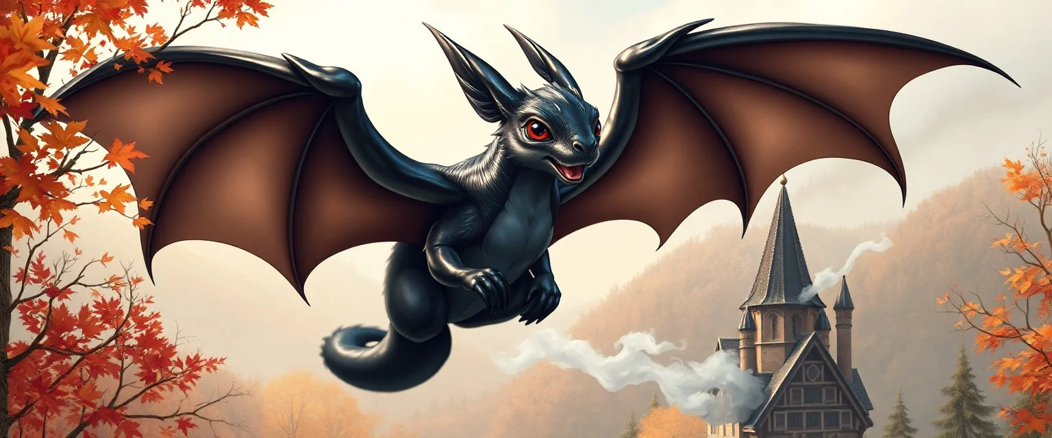 portrait of a shiny black dragon squirrel in autumn, flying above wooden castle, breathing smoke, book cover illustration, with metallic wing border