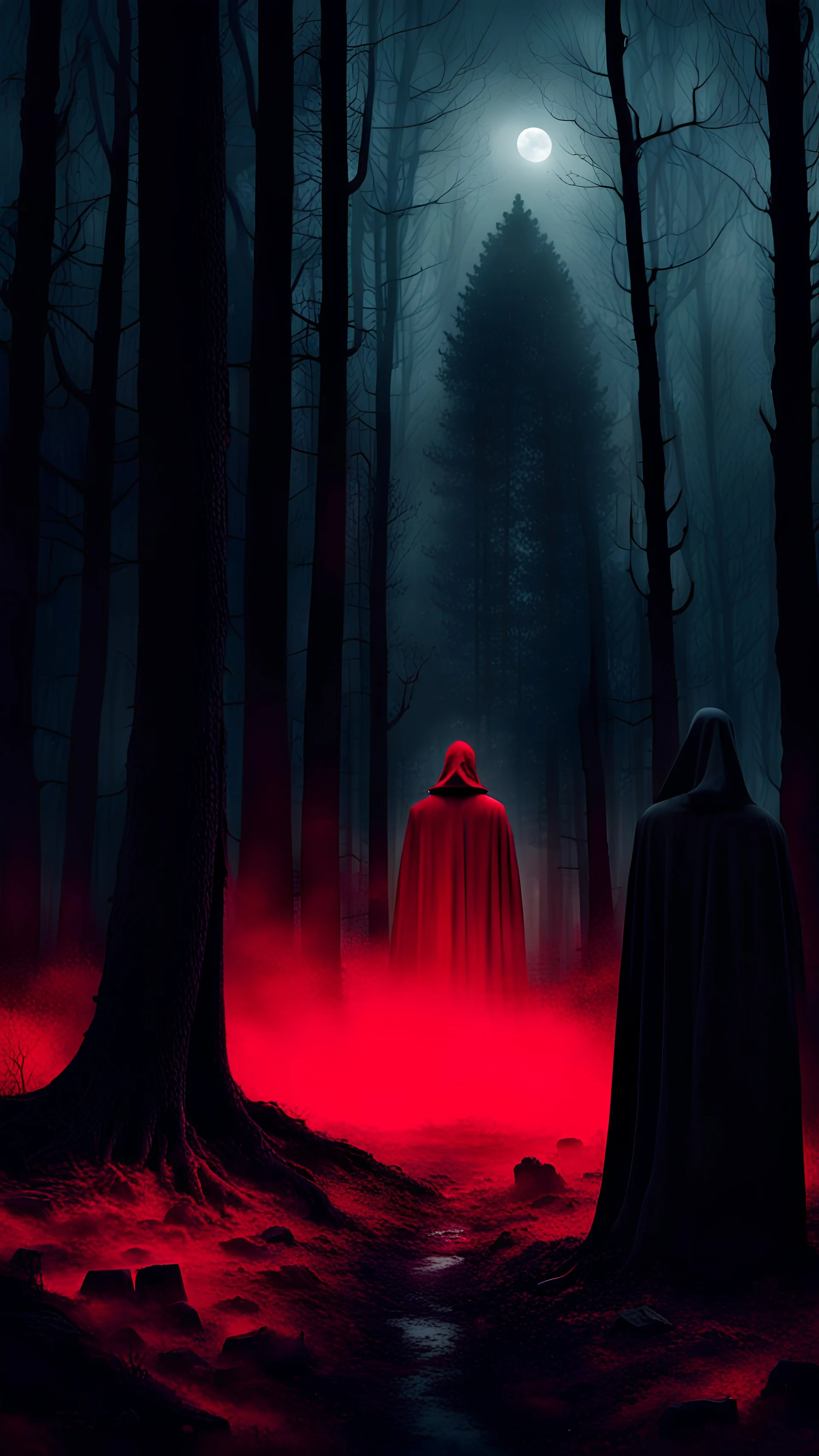 Through the gloomy forest, surrounded by strange gloomy figures in black robes, a red light appears from the gloomy black sky, which descends on an eerie grave in the middle of the forest in realistic film style