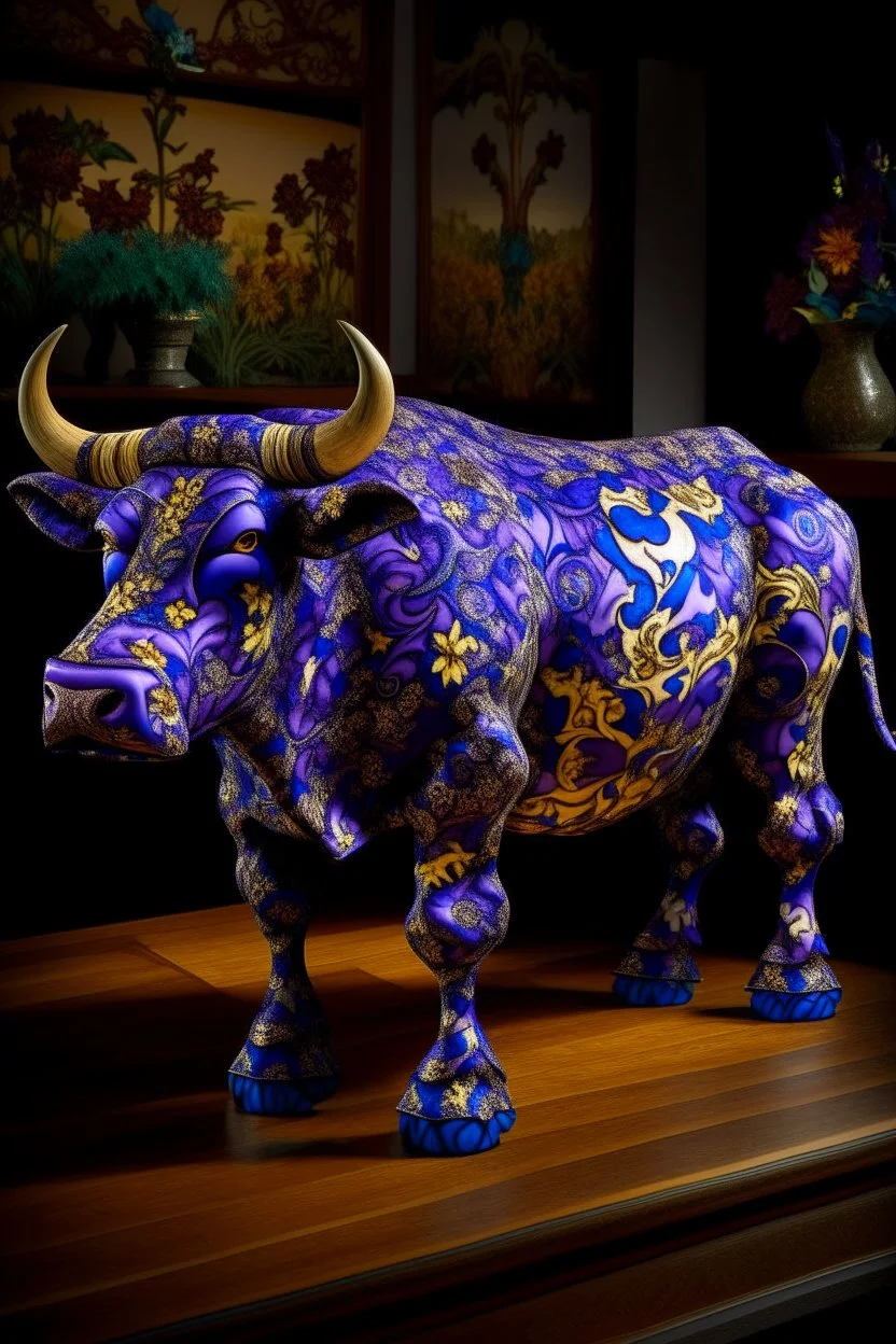 A purple shadow elemental ox designed in medieval tapestry painted by Claude Monet