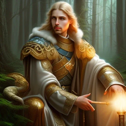 romantic fantasy spray painting, close up on blonde robed poet sitting on huge marble throne, loosing torch in magical forest