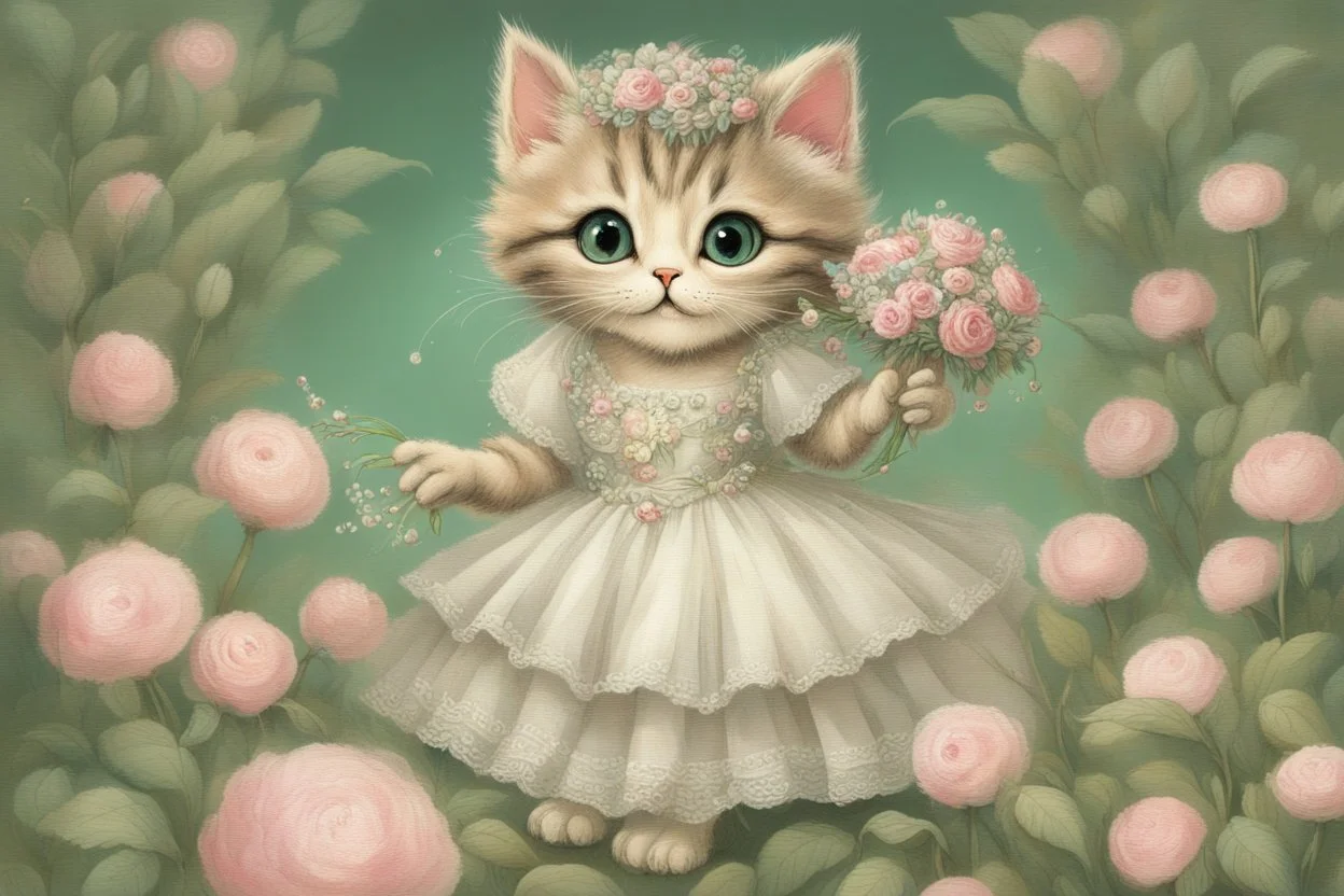 an anthropomorphic, kitten bride happily throwing a bouquet in a beautiful garden. The kitten has fluffy fur in shades of light brown and grey with distinct tabby markings on its face. Its large, expressive eyes are a deep emerald green and it has a small, pink nose. The kitten is wearing embroidered white lace bride dress, tulle, gemstones, pearls, adorning the hem and bodice. Behind her, a celebrating crowd, cats and people dressed in elegant clothes, wedding food and cake on the tables. Behin