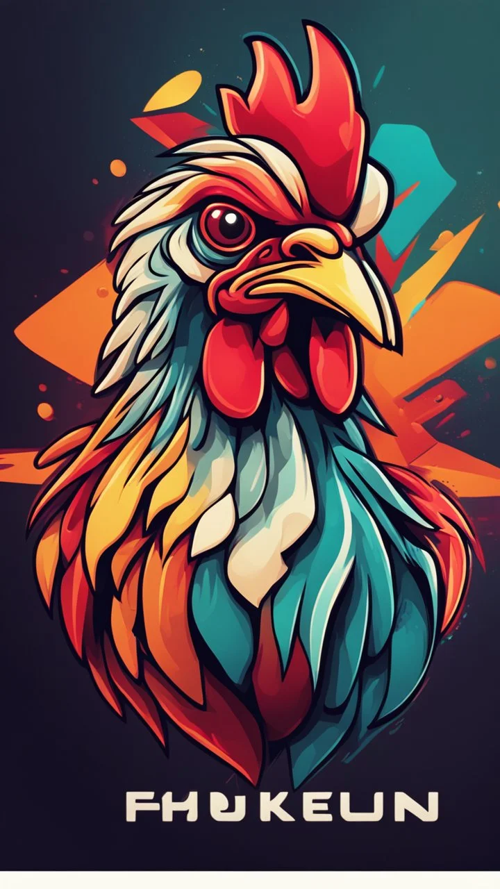 Design a vibrant, gaming-influenced logo of a chicken, featuring bright colors and a dynamic lighting scheme. Incorporate abstract shapes and textures to create an eye-catching composition.