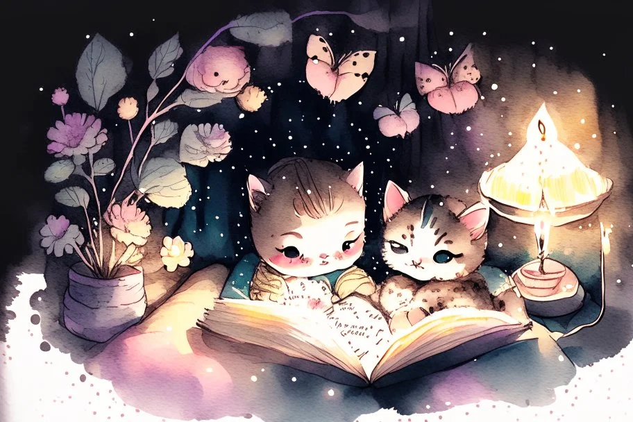 cute chibi cat mother reads a fairytale book to his baby kitten in a bed, flower tapestry, in a bedroom in candlelight, S<AI, watercolor and black ink outlines, soft, shading strokes, light pastel colors, ethereal, cinematic postprocessing, bokeh, dof