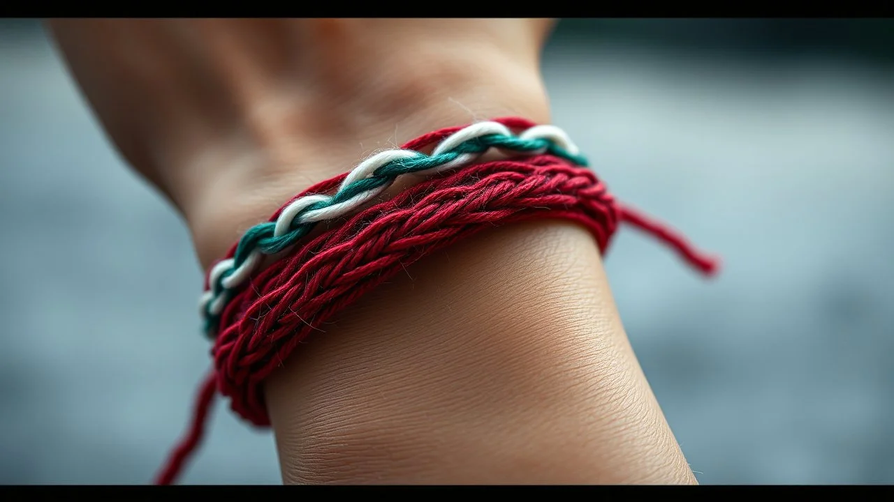 very close-up macro photo of a bracelet made of red, white, green yarn on a woman's wrist, detailed, sharp contrasts, realistic, cinematic, blur background