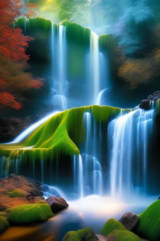 waterfall, planets, deep colors, land, floral, trees, cinematic lighting, octane render, ambiance, professional photo