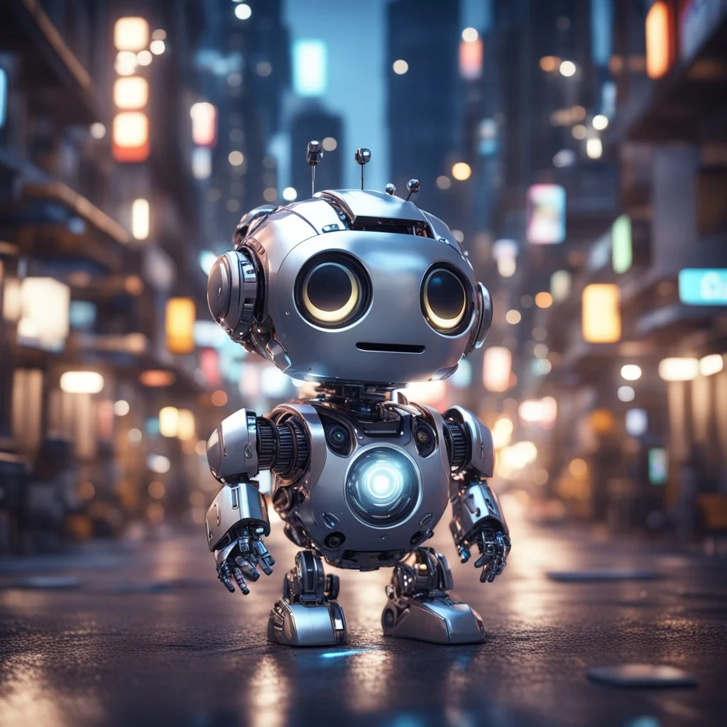 unreal engine render of a cute tiny robô in a busy, micro parts chromed, crowded city at night, cute eyes, volumetric lighting