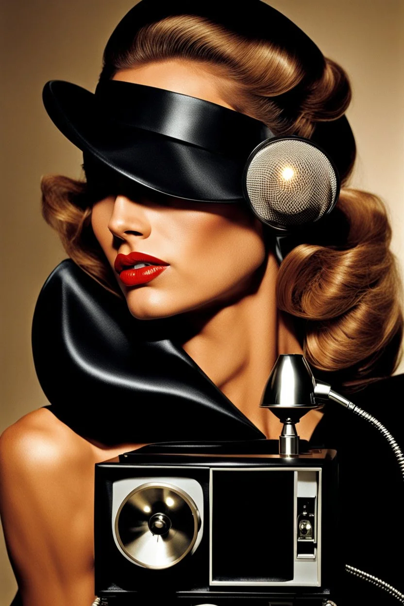 portrait, beauty supermodel, close up, helmut newton, perfect face, lamp or microphone or radio or telephone