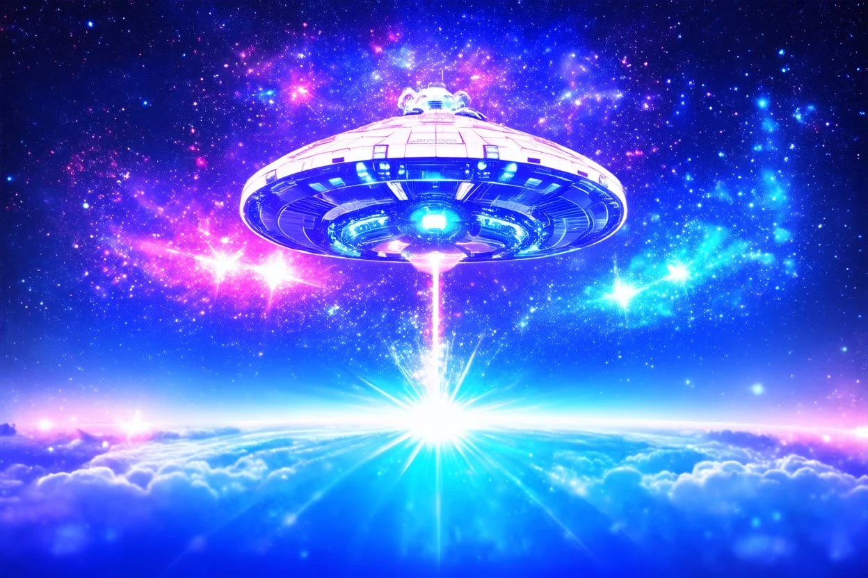 a cosmic beautiful DISH SPACESHIP made of crystals and light is flyng INA MAGIC BRIGHT SKY OF A GALAXY. IT IS PASSED BY A VERTICAL SHINE FROM TOP TO BOTTOM. IT'S FLYNG ON A FAIRY Landscape