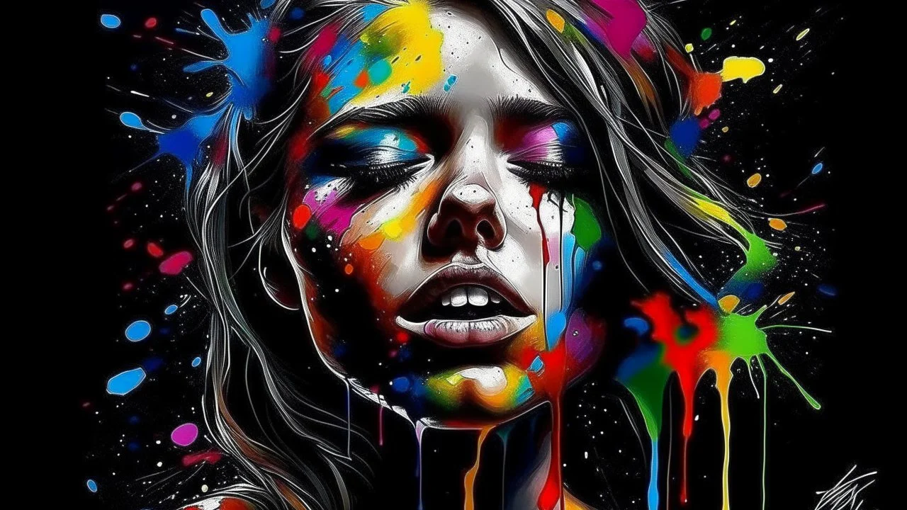 Create for me a picture of a girl's face that will show a background that is colorful and screams with joy and suddenly her whole life has been destroyed and there is no hope for joy and she despairs of everything and everything has turned black and his face is turned off and expresses sadness crying and pain the exact opposite Combine all these feelings in one picture that shows a beginning and a change