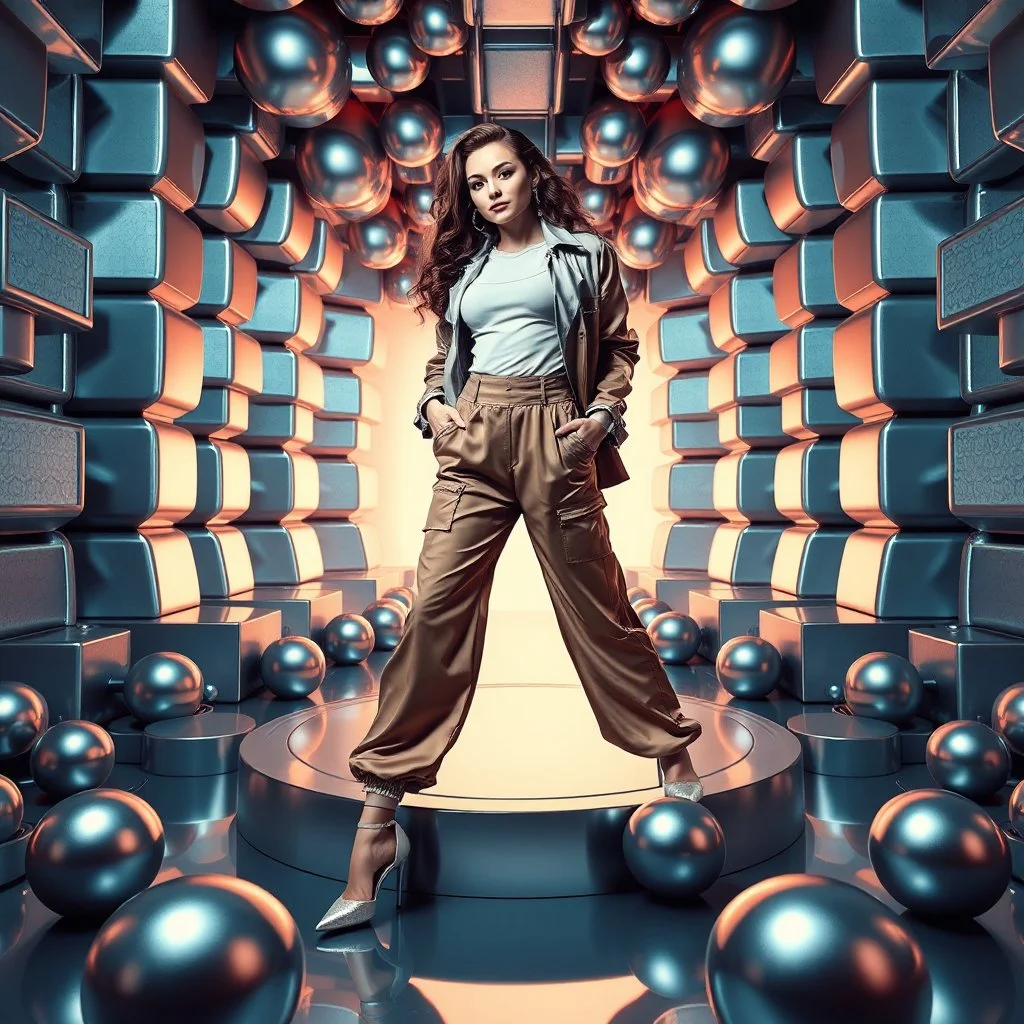 make a picture pretty stage made of metallic cyan-gray teme 3d fractal recursive cubic and sphere base structures and a beautiful fashion model lady posing with cute,with baggy style pants with a tight shirt and jacket,silver high heels ,makeup curvy long hair,dynamic camera zoom to full body and pan, dynamic lights.