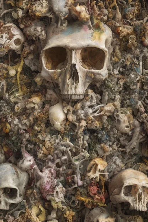 a picture of a dark, comedic, anatomically correct wall of colorful tightly packed skulls of varying sizes and expressions, photo realistic, insanely meticulous, highly detailed, part of a collection of bones on display, 64k, dystopian, vray stained glass