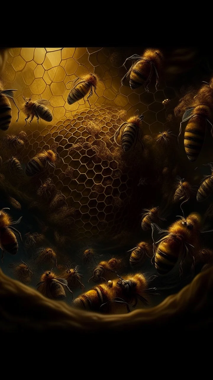 Bosch nightmares paining style Title:a bees around and inside a Honeycomb , 8k artistic photography, photorealistic concept art, soft natural volumetric cinematic perfect light, chiaroscuro, award-winning photograph, masterpiece, oil on canvas, Raphael, Caravaggio’s, Greg Rutkowski, people, beksinski, Giger
