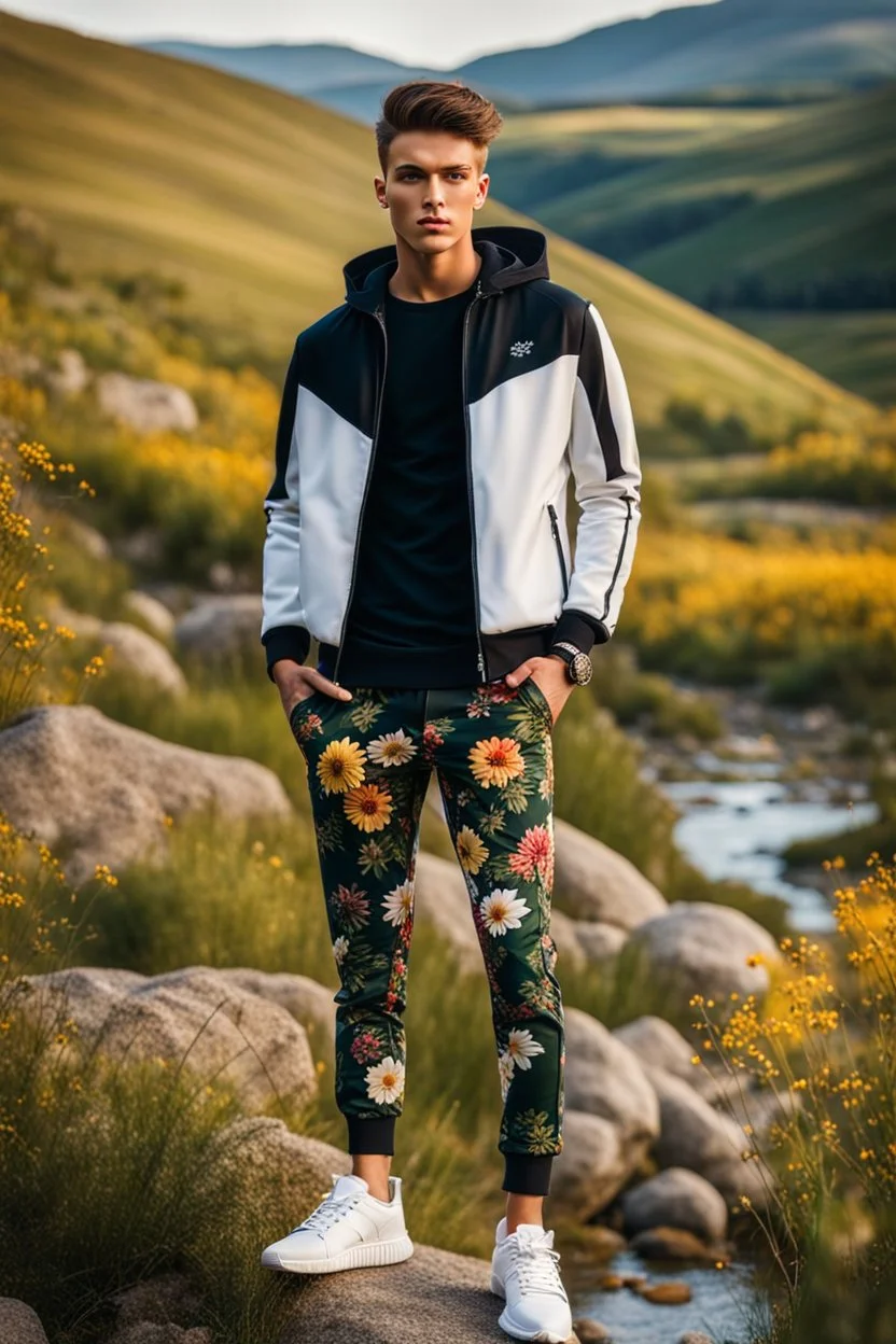 fullbody shot of young-beautiful-boy-with-a-perfect-face-with-make-up-wearing- sport pants and jacket standing ,geen hills ,nice nature environment ,wild flowers,clean water river with colorfull rocks in floor