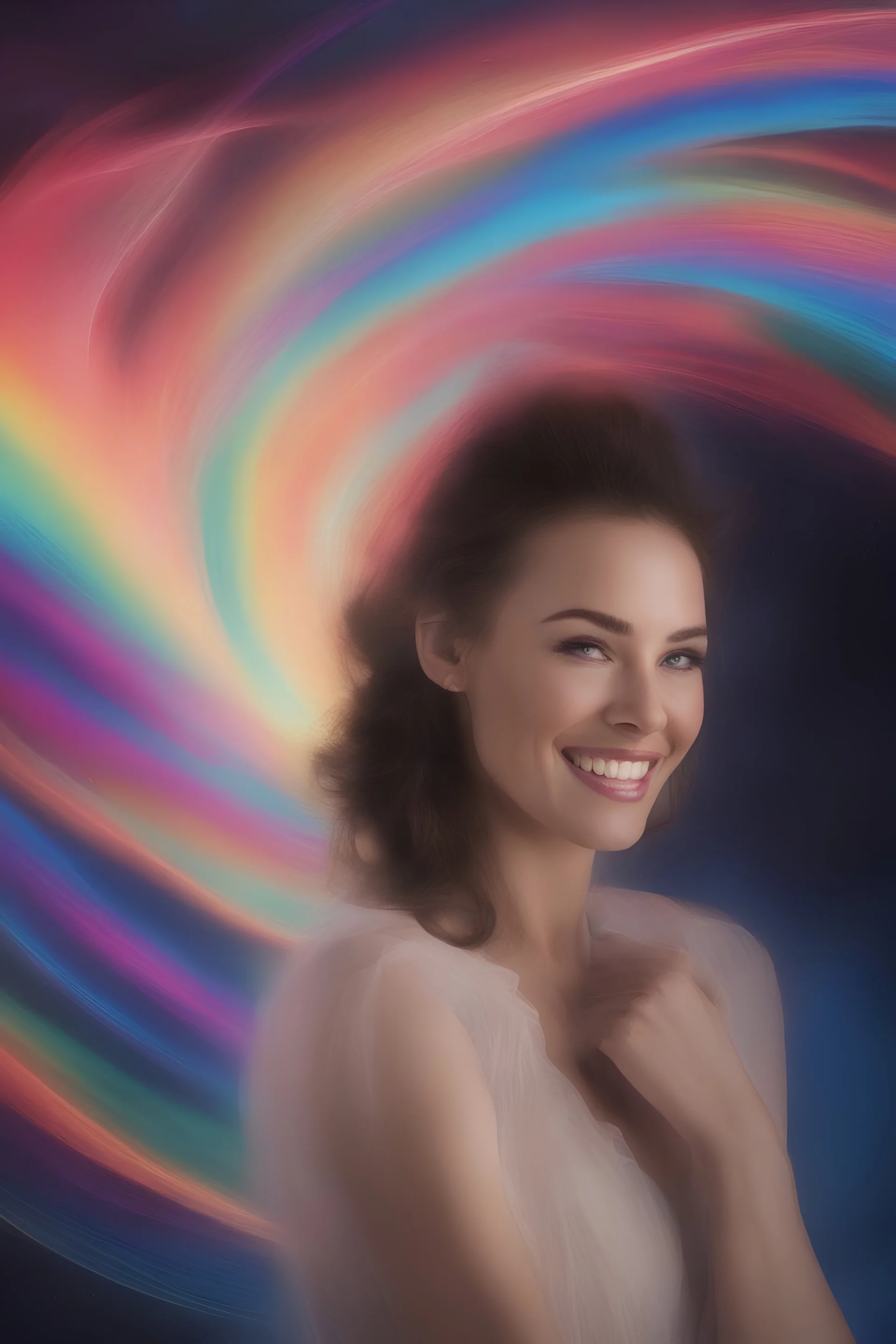 3D bubbles, 3D hearts, sunlight, blue skies, magic, multicolored swirling light, aurora borealis, UFOs, Devil's Tower, fireflies, facial portrait of Megan Gale as the Flash smiling a big bright happy smile, professional quality digital photograph, happy time