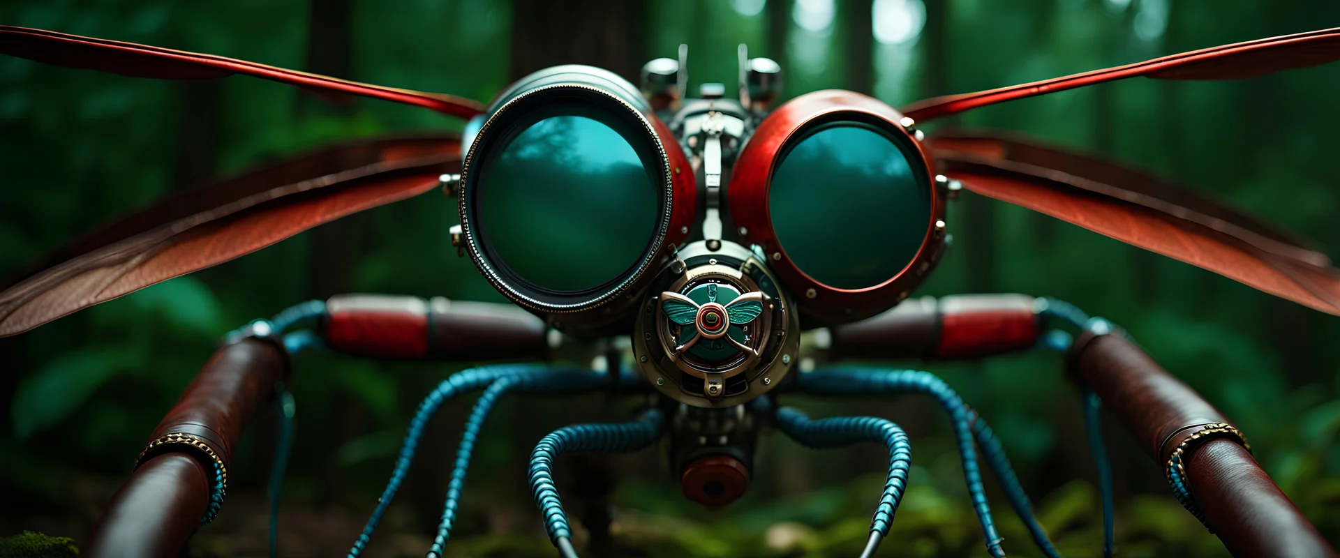 High-end hyperrealism epic red dragonfly hero DSLR Camera, Steampunk-inspired cinematic photography, symmetry forest alley background, Aesthetic combination of metallic sage green and titanium blue, Vintage style with brown pure leather accents, Art Nouveau visuals with Octane Render 3D tech, Ultra-High-Definition (UHD) cinematic character rendering, Detailed close-ups capturing intricate beauty, Aim for hyper-detailed 8K