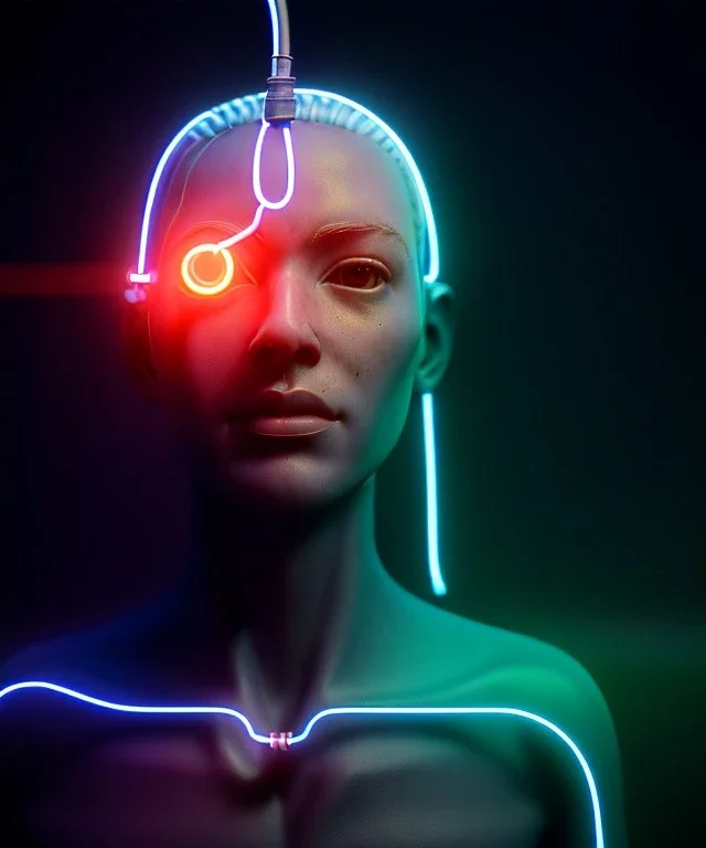 Ultra realistic photographic night portrait, cinematic, <blonde woman> <hanging wires> many wires coming out of the head <perfect pupil> <cyborg arm> <garage> <wide angle Shot> <sci-fi futuristic> <thriller>, neon lights, color fog, soft color, highly detailed, unreal engine 5, ray tracing, RTX, lumen lighting, ultra detail, volumetric lighting, high definition.