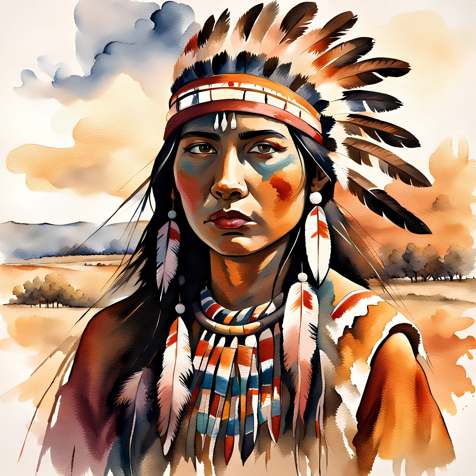 A portrait of a young American Indian woman in the prairies painted in watercolours and oils by expressionist in large brush strokes