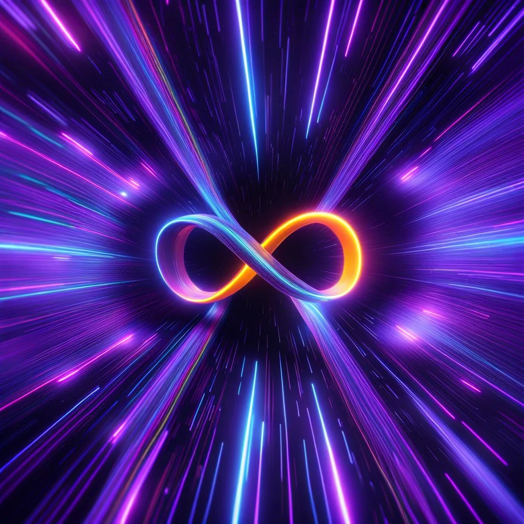 infinity symbol ∞ moving at warp speed, in space, striking, neon, chiaroscuro, dramatic, captivating, powerful, fantasy, beautiful, octane render, 16k post-production, artstation: award-winning: atmospheric: commanding: fantastical: clarity: ultra quality: striking: brilliance: stunning colors: amazing depth; lens: f/11, 35mm