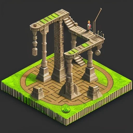 3d isometric labyrinth with stairs and pillars, pits and traps, 3 monsters