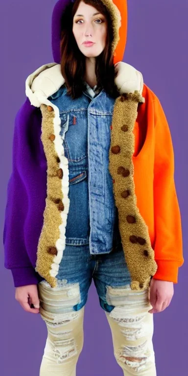 Brunette woman.thick thighs,thick calves,normal bodytype. big head. Mantle is sewed of upcycled Denim and sewed together of camouflage pieces. Pieces' color are orange, cream and purple. It is with big bright purple felt tippet and cream-colored-hood. mantle is merged with satchel, ochre. Big AKG-style headphones (gold rings!) is merged with small felt cap with small visor. Style: Haute Couture in 1920's, N.Y.C fashion in 2024, inspired by street art. Cream latex gaiter. Tennis shoes!