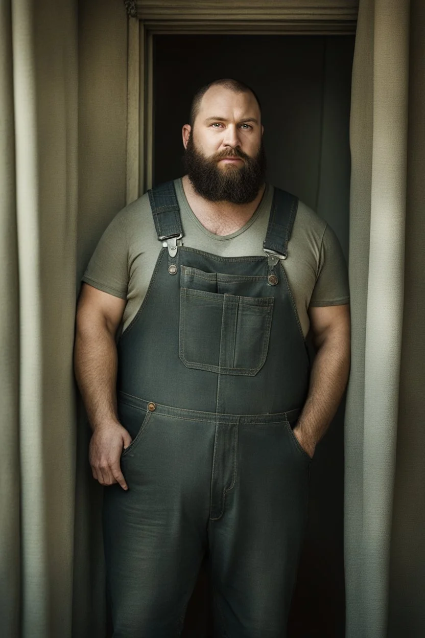 full figure photo, burly big chubby turk, dirty, ripped overalls, 33 years old, crossed arms, shaved, short beard, chest, very virile, hairy, manly arms, ugly, big thighs, under the shower, sunlight , photorealistic, 35mm lens, ultra detailed