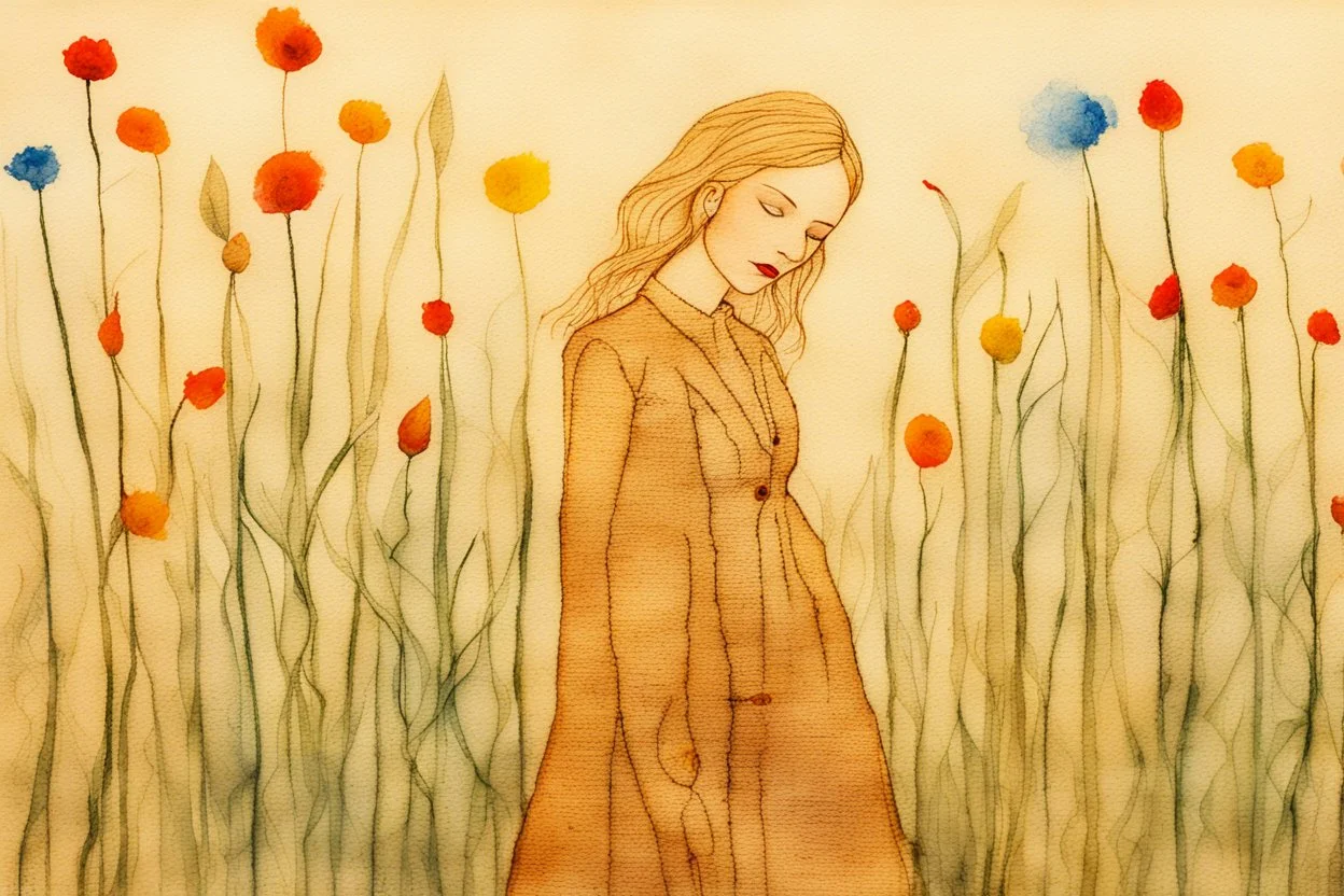 painted and burned burlap, beautiful woman in the flowergarden, styles of Paul Klee Dee Nickerson and Tim Burton, melting watercolor and black ink outlines on wet paper, soft, shading strokes, in sunshine, ethereal, otherwordly, cinematic postprocessing, bokeh, dof