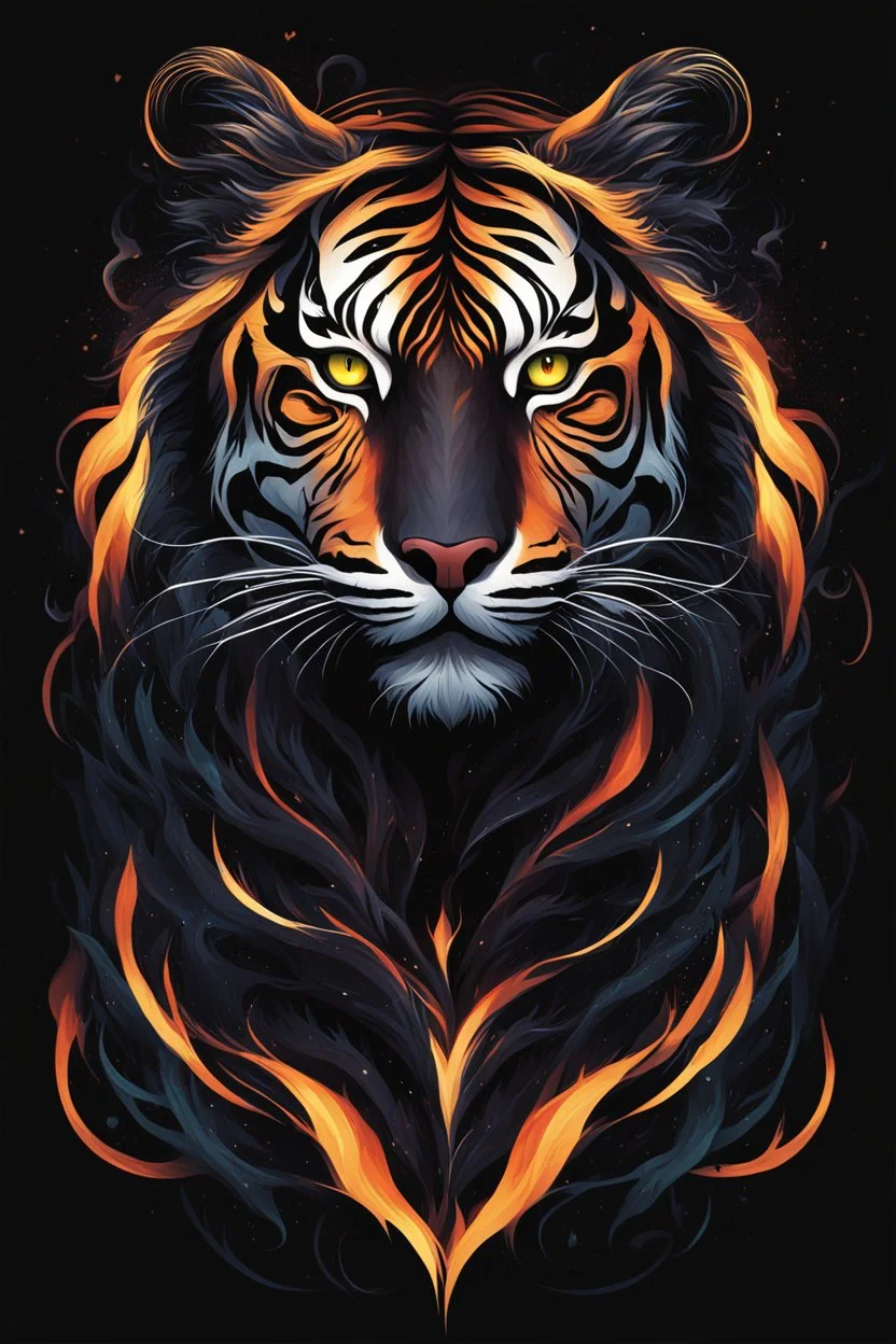 Captivating minimalist illustration of cosmic tiger, made up of intricately intertwined black flames. Her intense, bright eyes draw the viewer into her mesmerizing gaze, the pulsing energy of each flame creating a euphoric symphony within the heart. Dark background,the bright striped tail adds depth and dimension to the scene,evoking a feeling of dark fantasy, intriguing and mysterious aura. Vector pop art cinematic piece masterfully combines light and shadow, leaving the viewer in awe.Full body