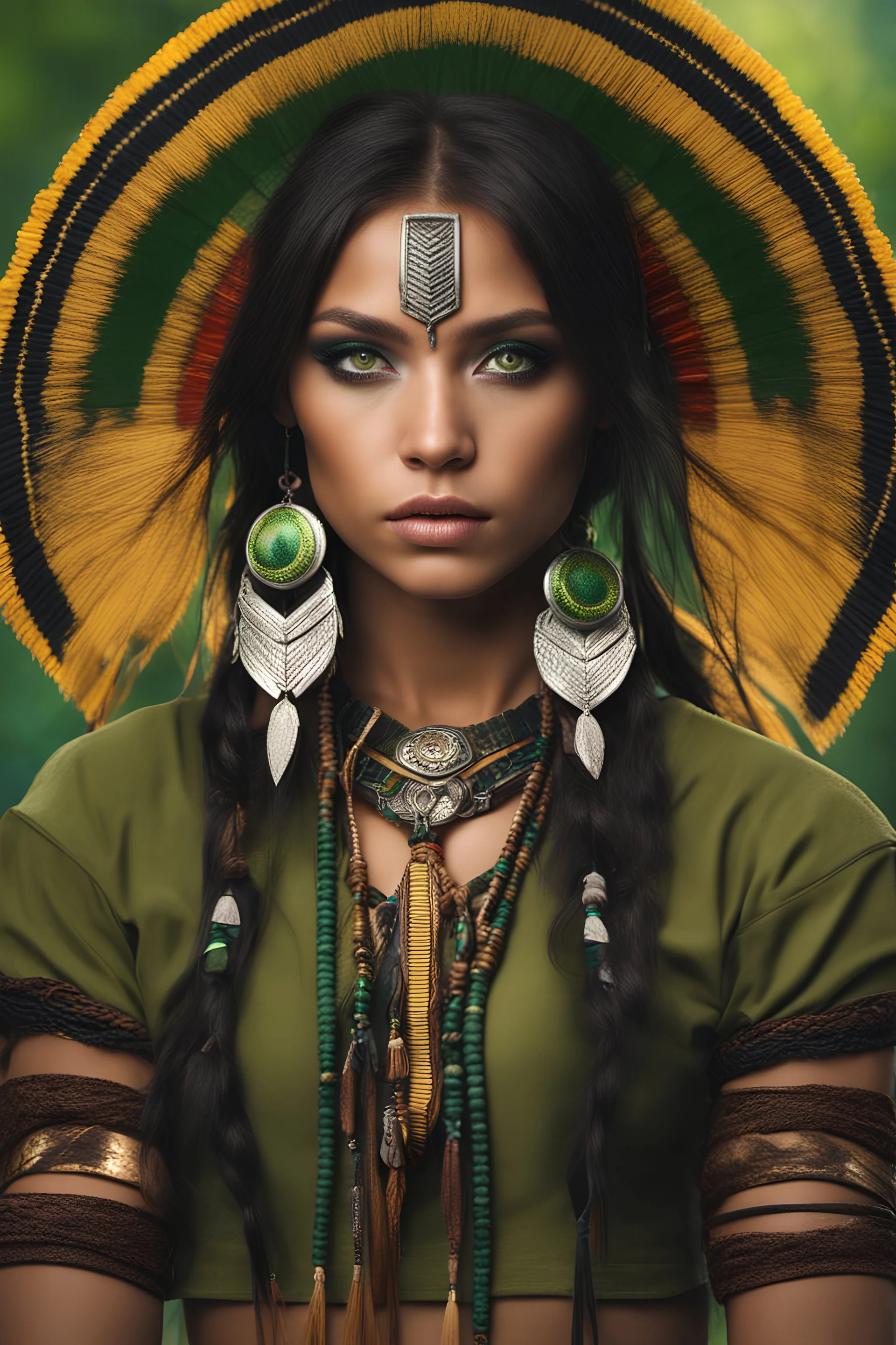 Beautiful girl with rainbow eyes, warrior, Native American, green and gold eyes, strong, sad, resilient, full body tough stance, photo-real