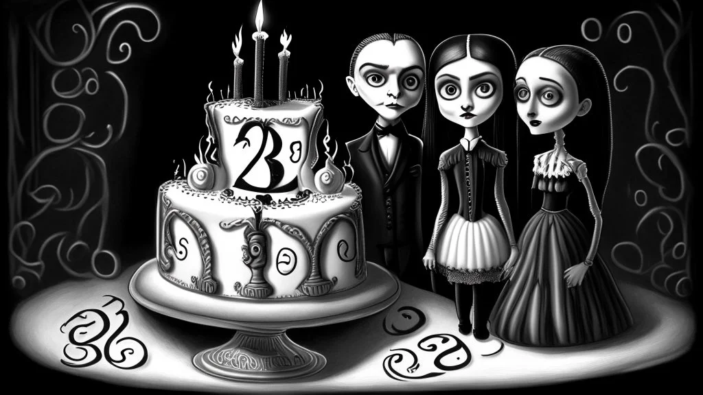 draw a birthday cake with logo number 23 and one candle 23 ,Insanely detailed Addams Family movie still with Barbie dolls, art by tim burton