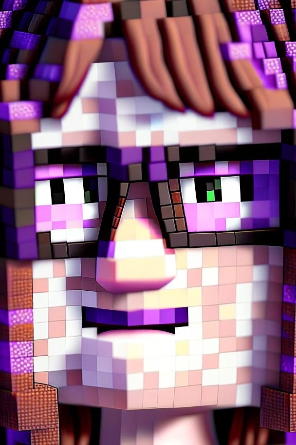 a close-up portrait of a purple Minecraft face, female, Gucci glasses,cute,3d, large pixel style