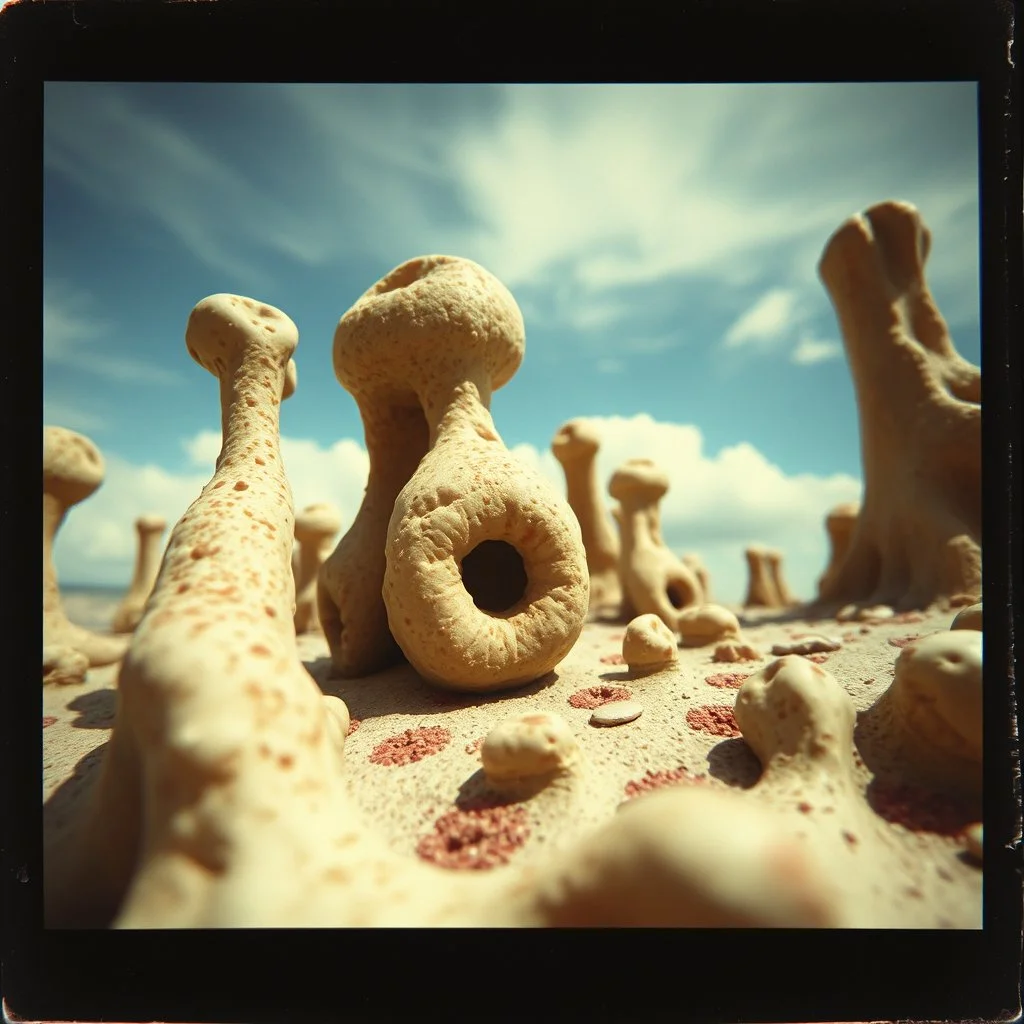 Photography polaroid close-up of an surface with odd Yves Tanguy incomprehensible forms, Surrealism, organic, strong texture, panic, obsessive, hypnotic, metaphysical view, sky, clouds