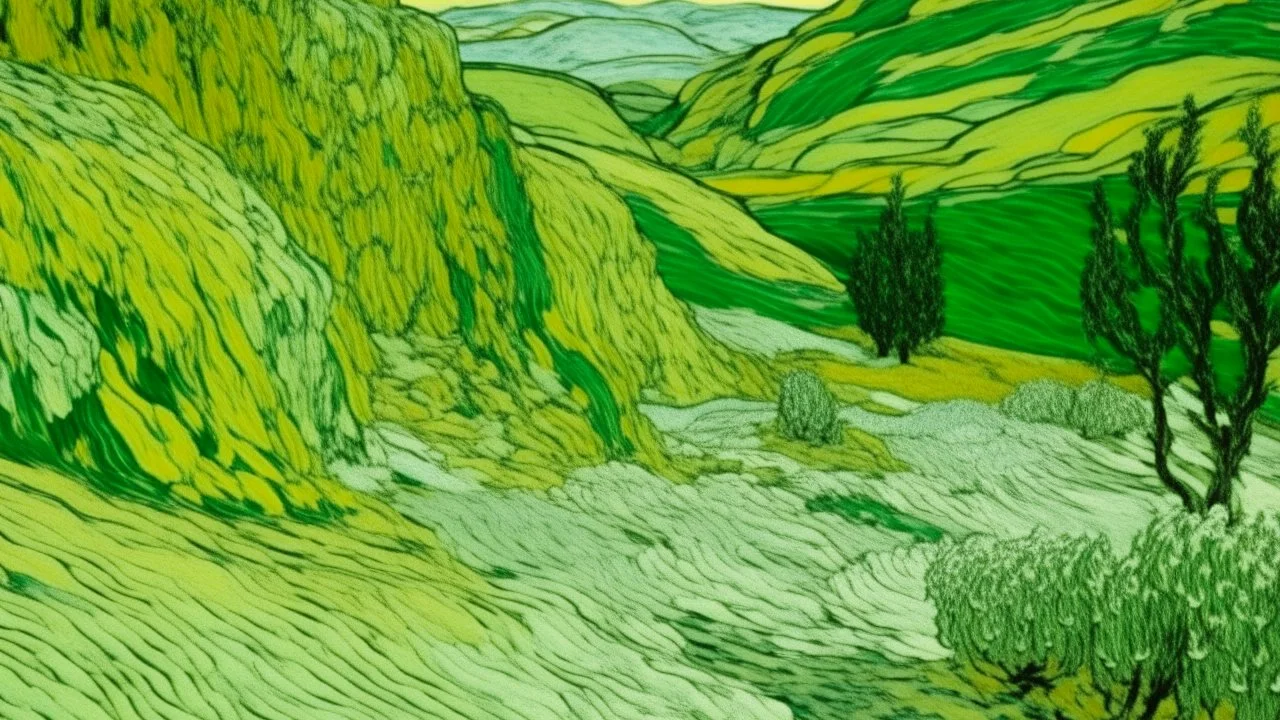 A pale light green snowfields near a cave painted by Vincent van Gogh