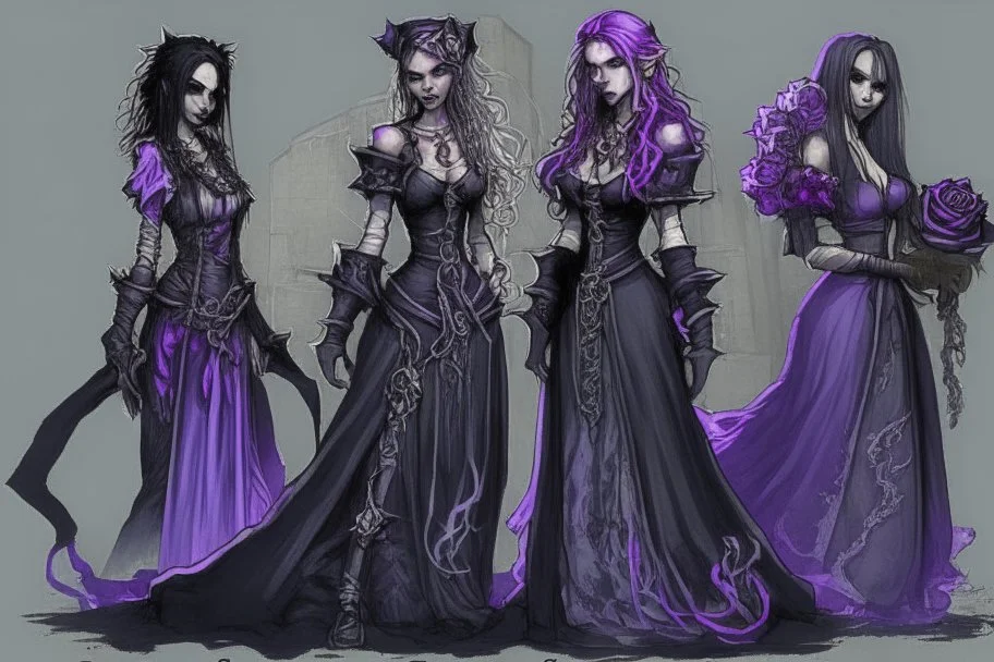 Cerissa, Nydora and Zella are the leaders of a gang of necromancers called the Silvered Rose. They live deep in the sewers and capture people to siphon their souls. Cerissa is cold, calculating, and nefarious, she has a black dress with long flowing thin robes. Nydora wears black and purple leathers. Zella is the youngest, and uses pale blue magic.