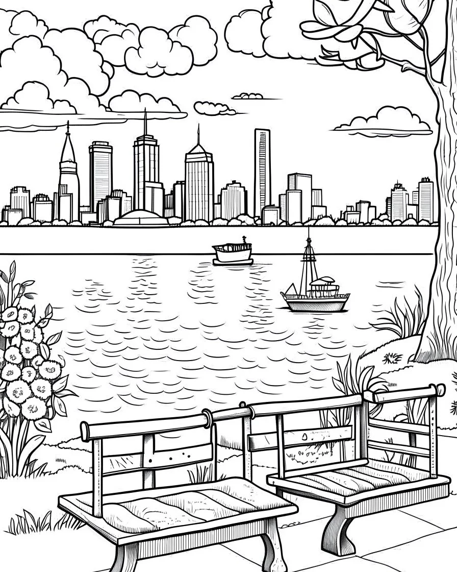 Create a serene black and white coloring page showcasing the peaceful waterfront of Battery Park, offering a picturesque view of the harbor and the distant Statue of Liberty. Remove the black background to make it an enjoyable coloring experience for both kids and adults.