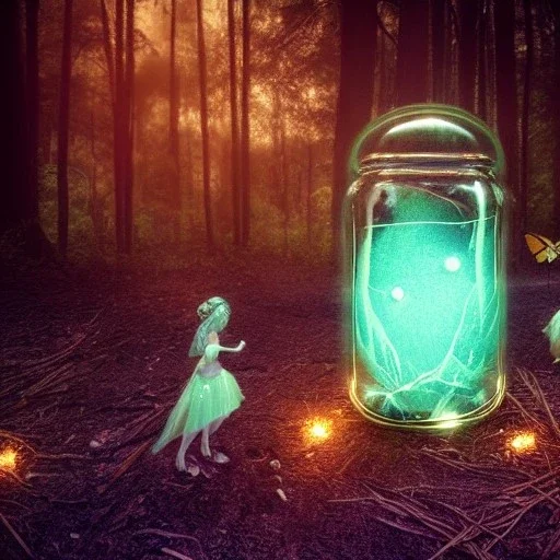 Pixies and Fairies in a belljar ,glowing ,free, small and big, many fairy lights inside a forest, ghostly lights, polaroid, symmetry, bioluminescence, luminescent glow, moody, tender, photorealistic, octane render, golden hour,Otherworldly Oracle