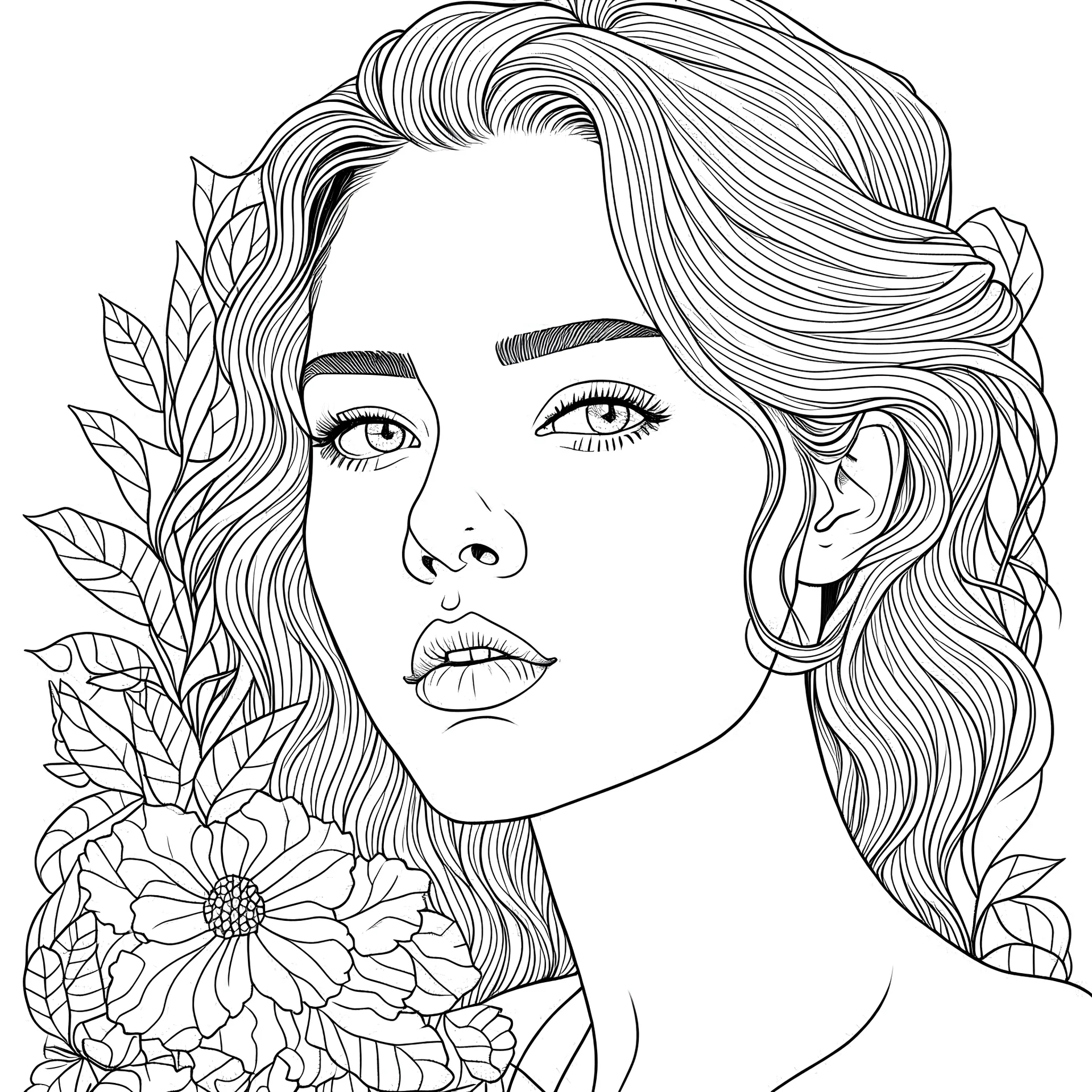 floral, full view, realistic face, coloring page, only draw lines, coloring book, clean line art, –no sketch, color, –ar 3:4, white background, minimalistic black lines, minimal black color, low level black colors, coloring page, avoid thick black colors, thin black line art, avoid colors, perfect shape, perfect clear lines,