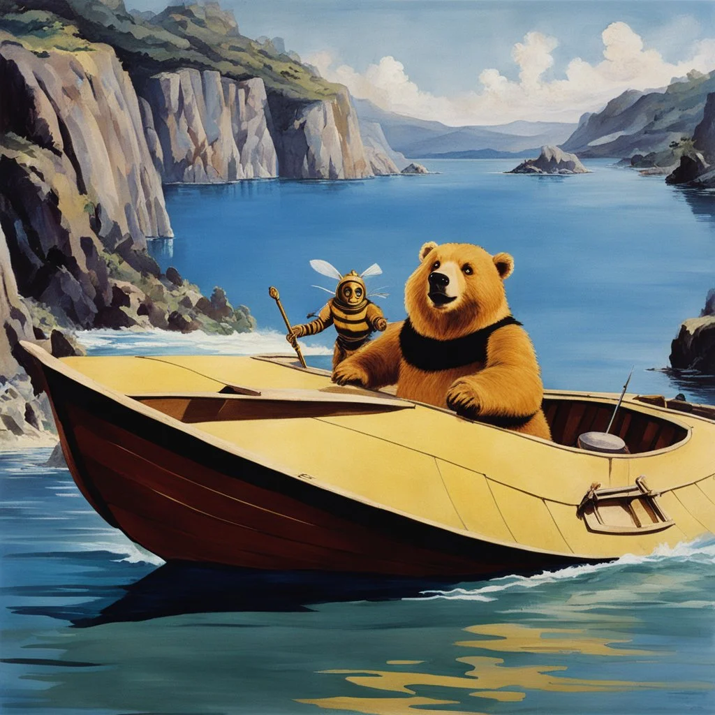 [Jason and the Argonauts (1963)] super bear in the jun with a blue costume and a companion giant bee, in a boat