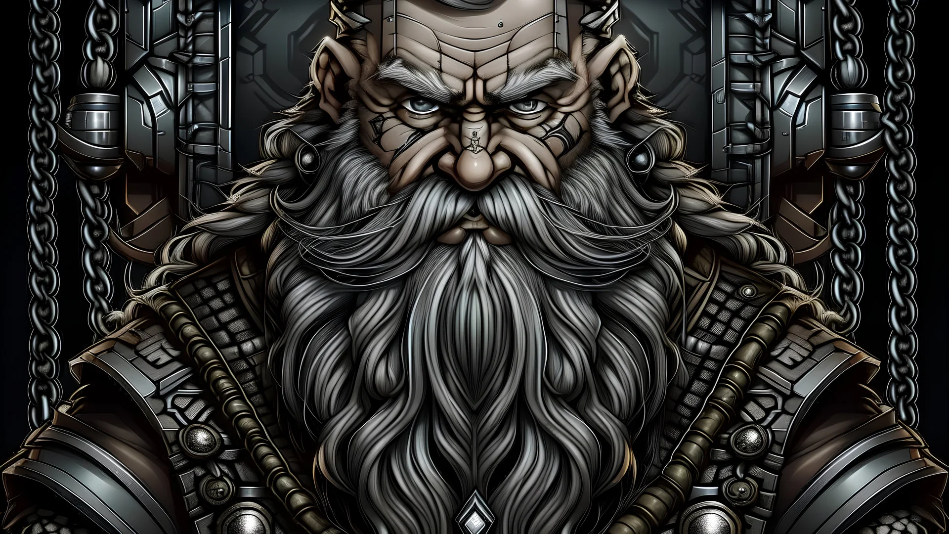 Cellshaded image of a Cyber hacker Dwarf, Gray and Black braided beard. Epic Canadian culture and pride.