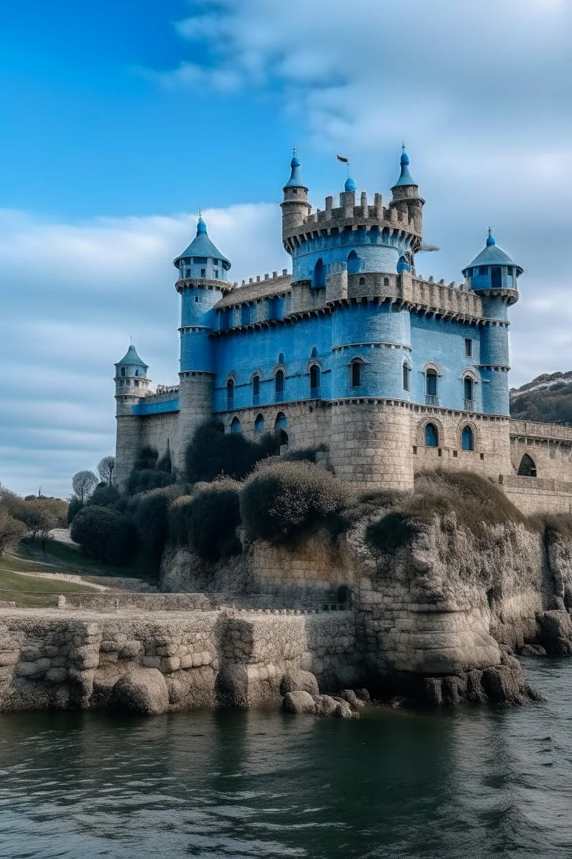 A grayish blue castle near a harbor painted by Antoni Gaudi