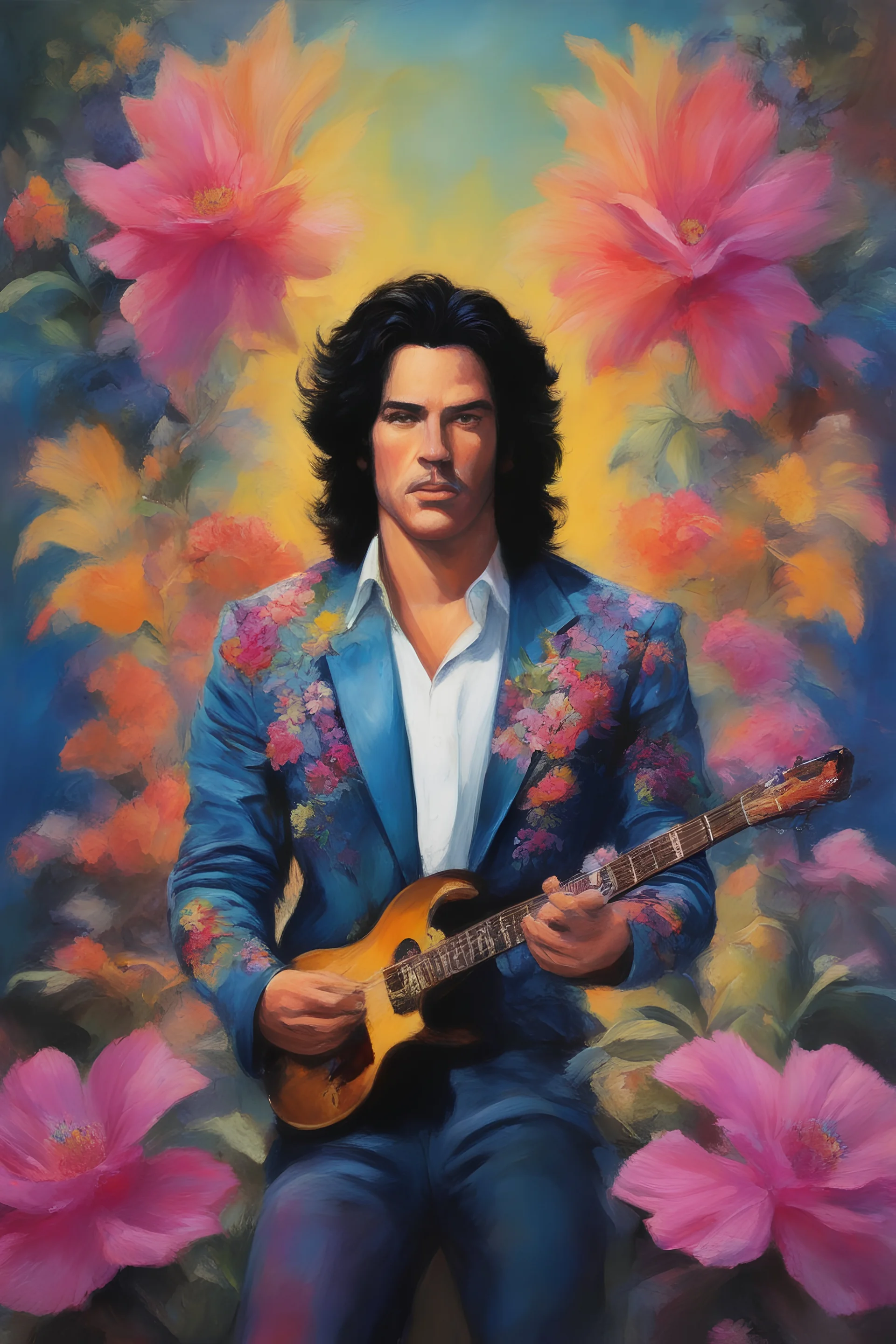 Paul Stanley/Elvis Presley/Keanu Reeves/Jon Bernthal, multicolored, large, floral designs, atmospheric, beautiful, oil painting by Frank Frazetta, 4k UHD, Photorealistic, professional quality