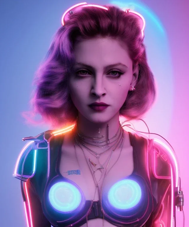 Artist, young madonna, ciborg woman, glow iris, piercings, sweet, rock hair, blonde, white skin, long eyeliner, glow pink cheeks, glossy lips, color leds lights, cables, circuits, cyberpunk, latex coat, cyber punk, neon, portrait, studio photo, unreal engine 5, soft color, 16 bit, god lights, ray tracing, RTX, lumen lighting, ultra deatail, volumetric lighting, 3d, finely drawn, hd.