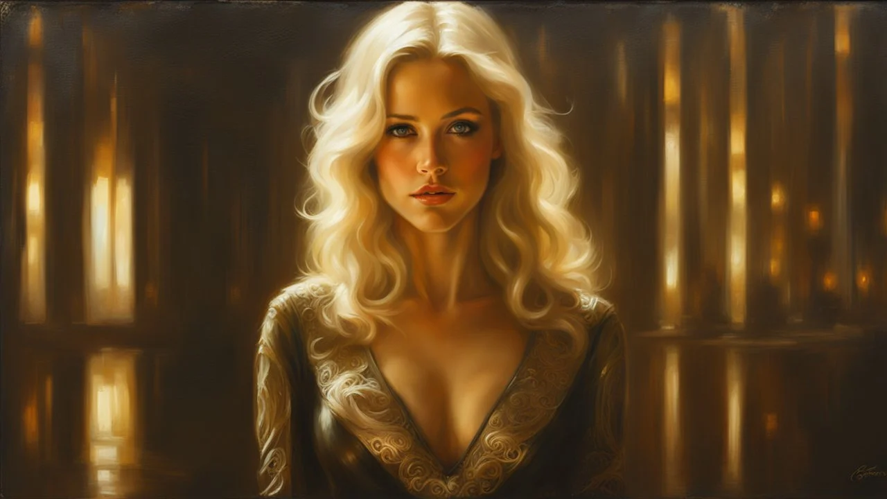 In Casey Baugh's evocative style, art of a beautiful young smiling blonde girl with long brown hair, futuristic, scifi, intricate, elegant, highly detailed, majestic, Baugh's brushwork infuses the painting with a unique combination of realism and abstraction, greg rutkowski, surreal gold filigree, broken glass, (masterpiece, sidelighting, finely detailed beautiful eyes: 1.2), hdr, realistic painting,