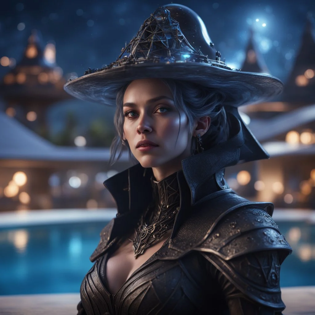 pen outline, layered, portrait of dark space witch hunter with strong gaze, by the pool, pool contains floating flat pyramid star ship of extreme complexity and beauty,bokeh like f/0.8, tilt-shift lens 8k, high detail, smooth render, down-light, unreal engine